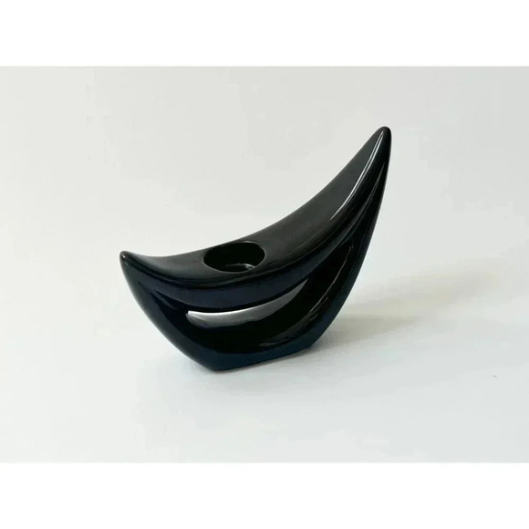 Awesome Postmodern Crescent Moon MCM Retro Black Glazed Ceramic Candle Holder - Picture 3 of 9